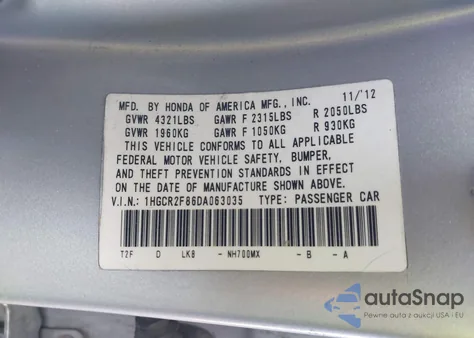2013 Honda Accord Ex-L from USA, damaged, VIN 1HGCR2F86DA063035